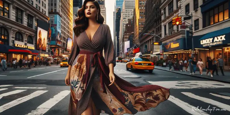 A confident woman in New York City, wearing a stylish plus size wrap dress