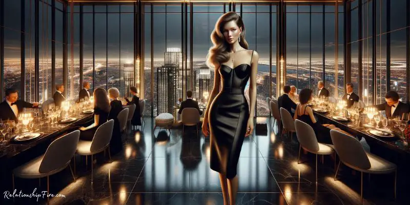 A woman in a little black dress at an elegant gathering inside a luxurious high-rise- Baddie Date Night Outfits