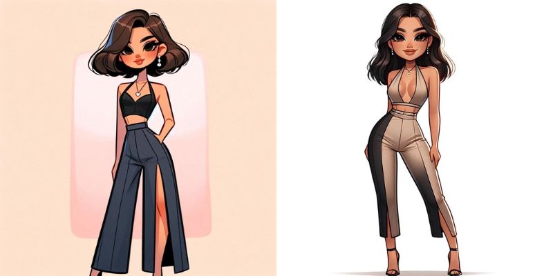 Cartoon women in a Halter Neck Crop Top With Hip Slit Pants -- Baddie Night Outfits