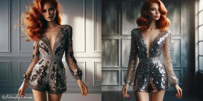 Red-headed women in a deep V-neck sequin romper. - Baddie Night Outfits