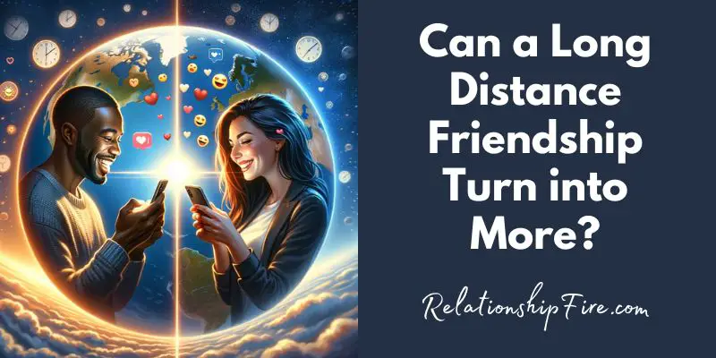 Blog post image of a man and woman texting long distance - Can a Long Distance Friendship Turn into More