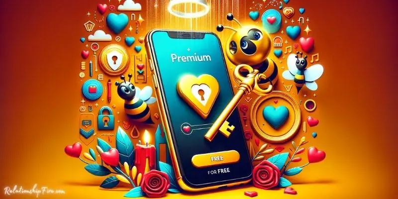 Smartphone with Bumble app, golden key, and vibrant dating symbols - How to get Bumble Premium free