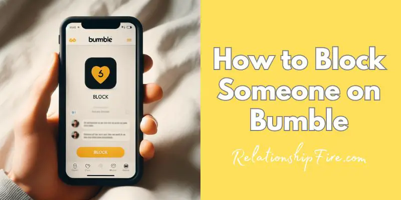 Smartphone with Bumble's 'Block' button highlighted in a chat - how to block someone on Bumble