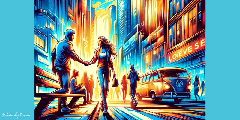 Illustration of mutual support between male and female in a vibrant city - Reasons Guys Like Damsels in Distress