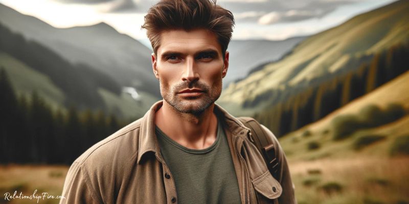 Masculine man outdoors, stoic expression, rugged mountainous backdrop
