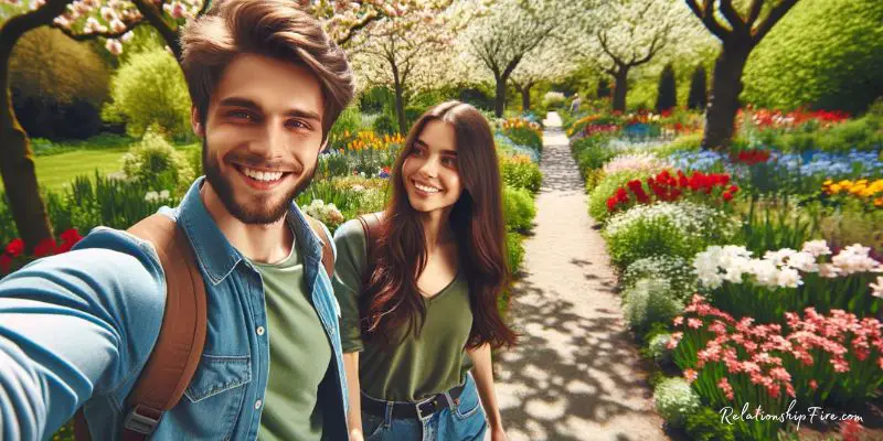 young couple on their first date during a spring garden tour -- Best First Date Ideas
