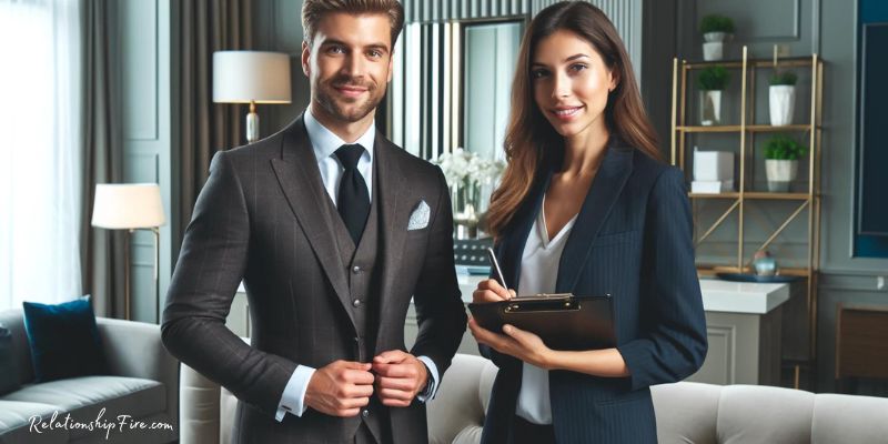 A stylish and well-dressed man next to a professional matchmaker in an upscale office setting -- Most Affordable Matchmaking Services
