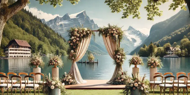 wedding arch at an outdoor wedding by the water in Switzerland -- Wedding Arch Ideas